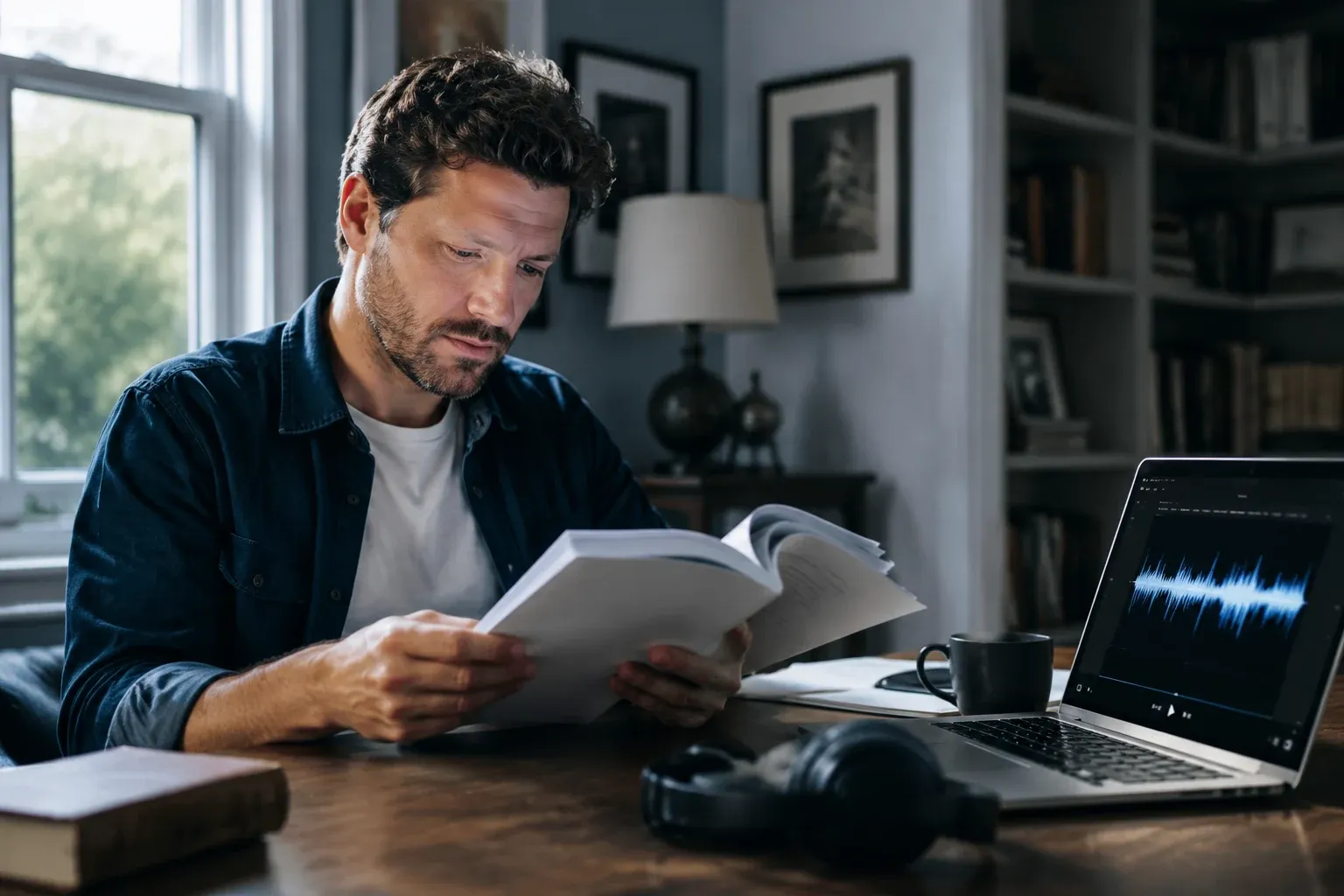 Author preparing audiobook narration with text to speech, reviewing a manuscript beside a laptop