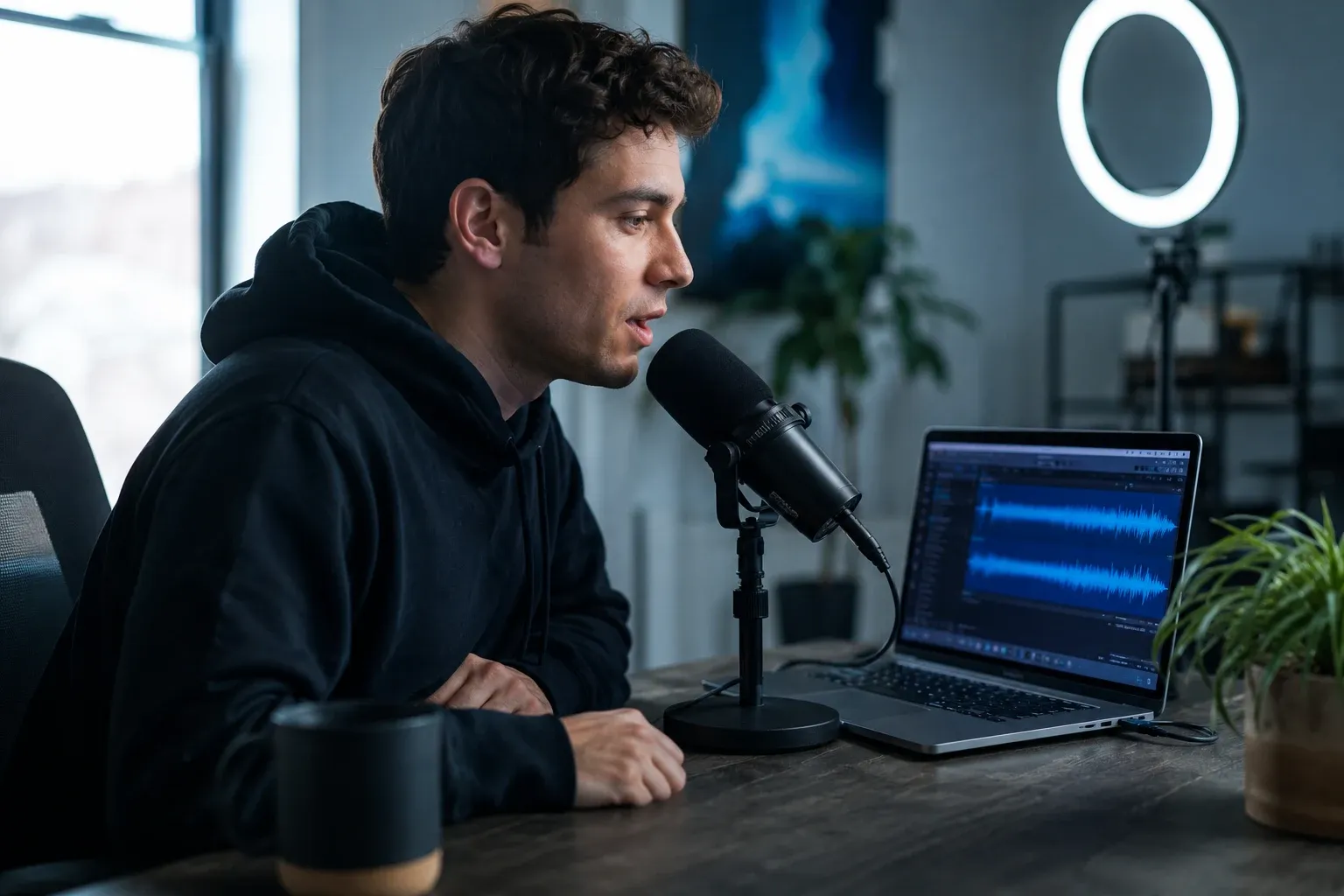 Content creator recording a voiceover with an AI voice generator, audio waveform on the laptop screen