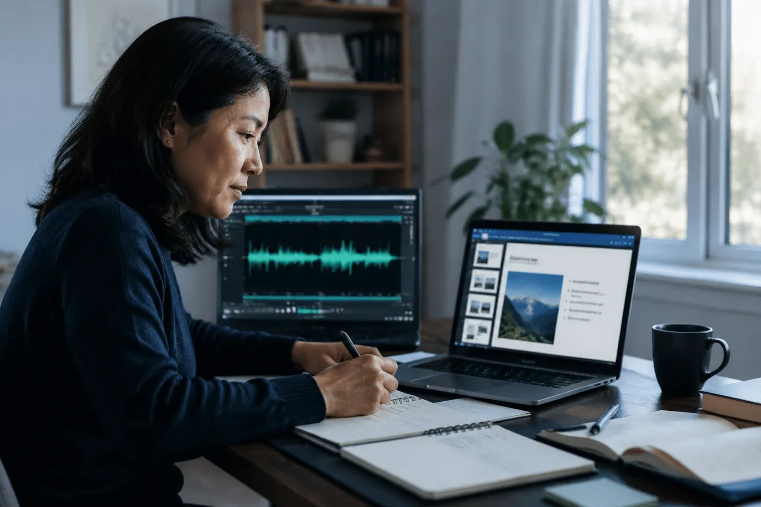 Educator creating online course audio with AI text to speech and slide editor