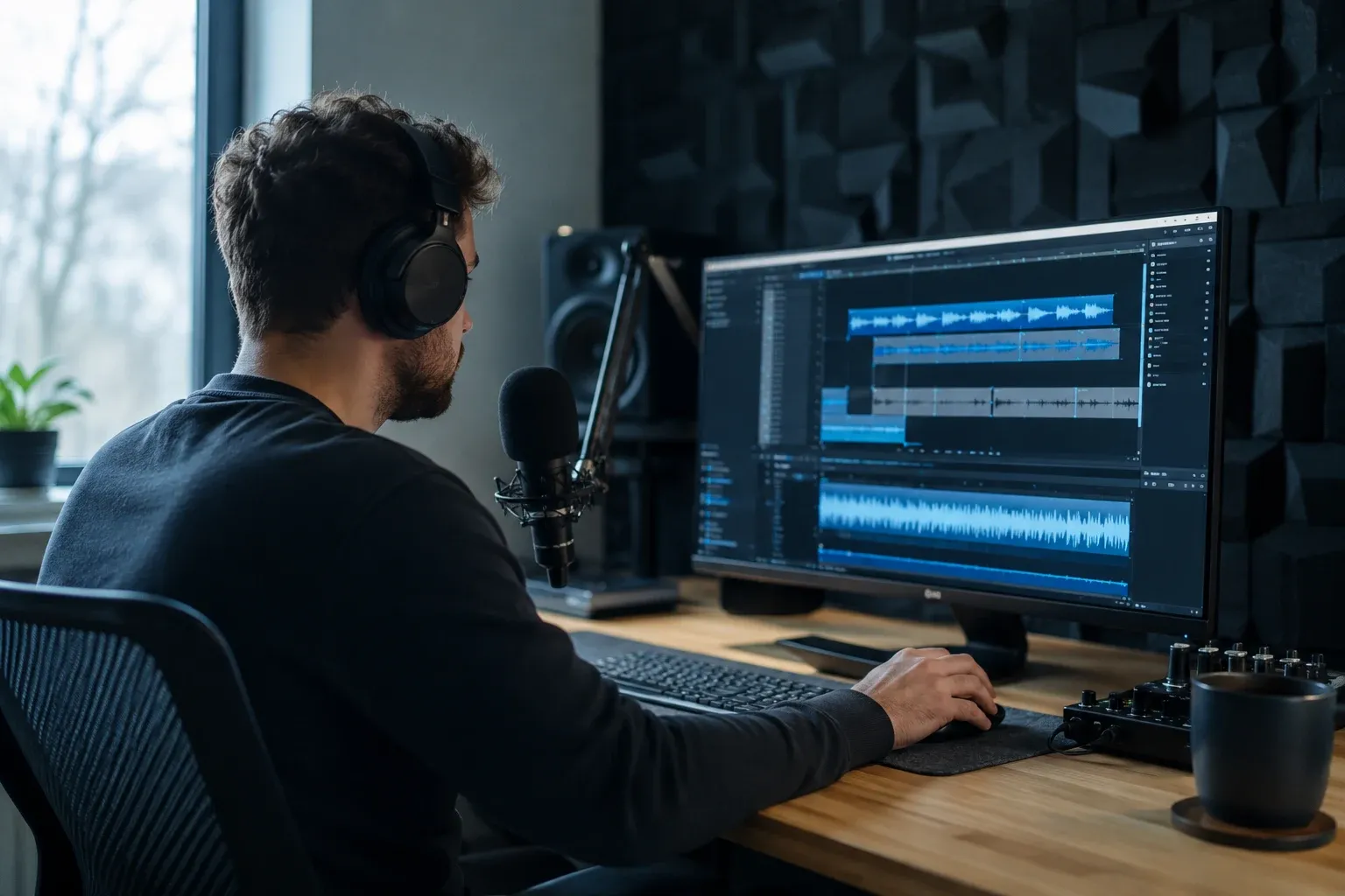 Podcaster editing an episode produced with AI voice cloning in a home studio